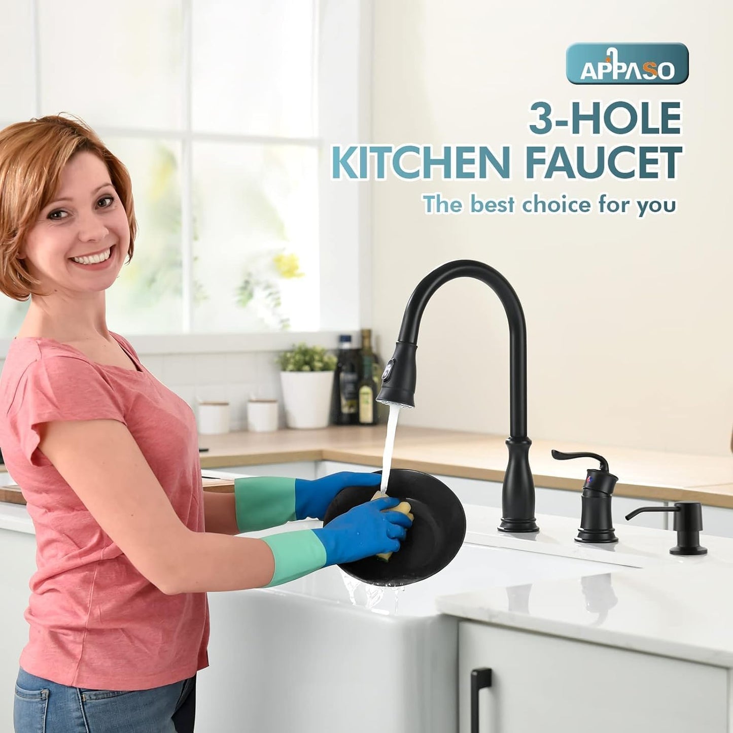APPASO 3 Hole Kitchen Faucet with Pull Down Sprayer, Kitchen Faucets with Soap Dispenser, 3 Pieces Kitchen Sink Faucet with Separate Handle, Matte Black Kitchen Faucet 3 Hole, 218MB