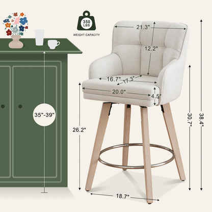 SAECKBERG 360°Swivel Counter Height Bar Stools with Back, 26 inch Solid Wood Legs, Bar Stool Modern Kitchen Island Chairs, Fabric (Beige- Fabric, 26" H- Set of 2)