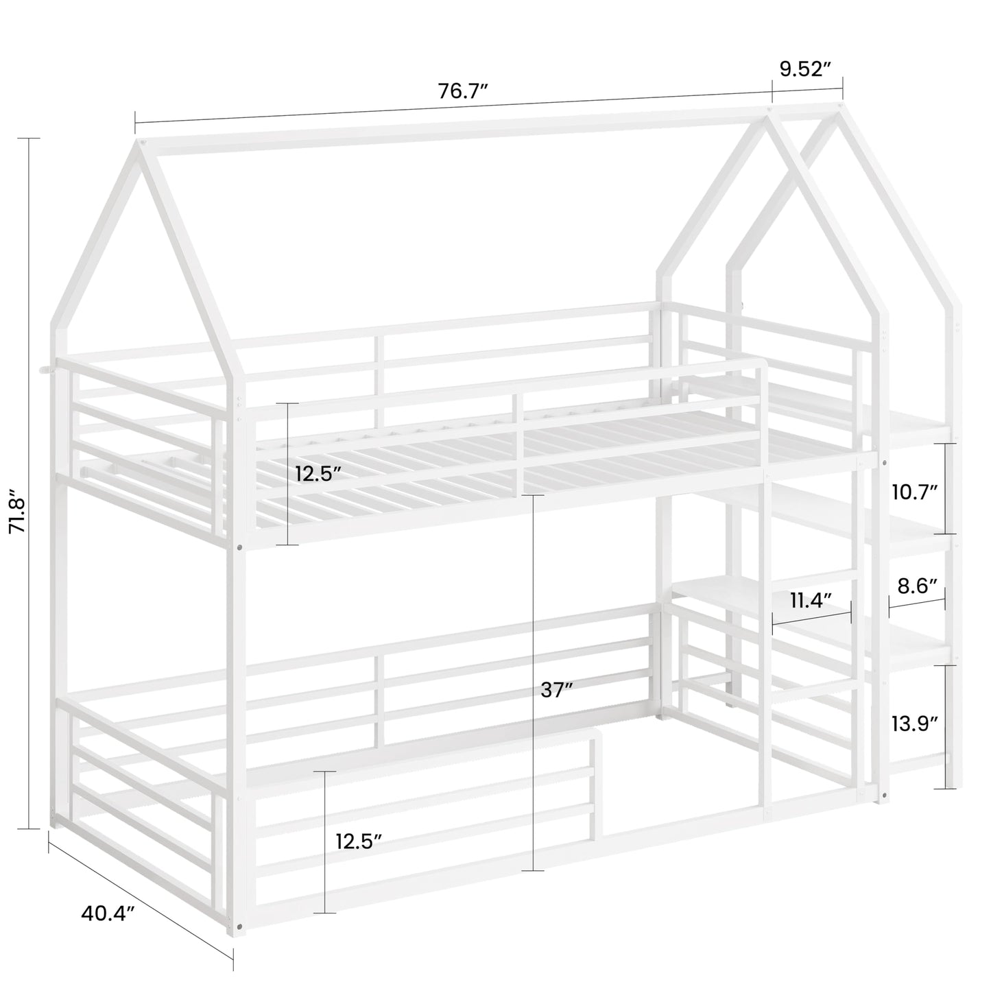LIKIMIO Bunk Bed Twin Over Twin, Twin Bunk Beds Frame with 3-Tier Storage Bookshelf, Metal Twin House Bed Ladder and Safety Guardrail, Space Saving for Apartment or Dorm, No Box Spring Needed, White