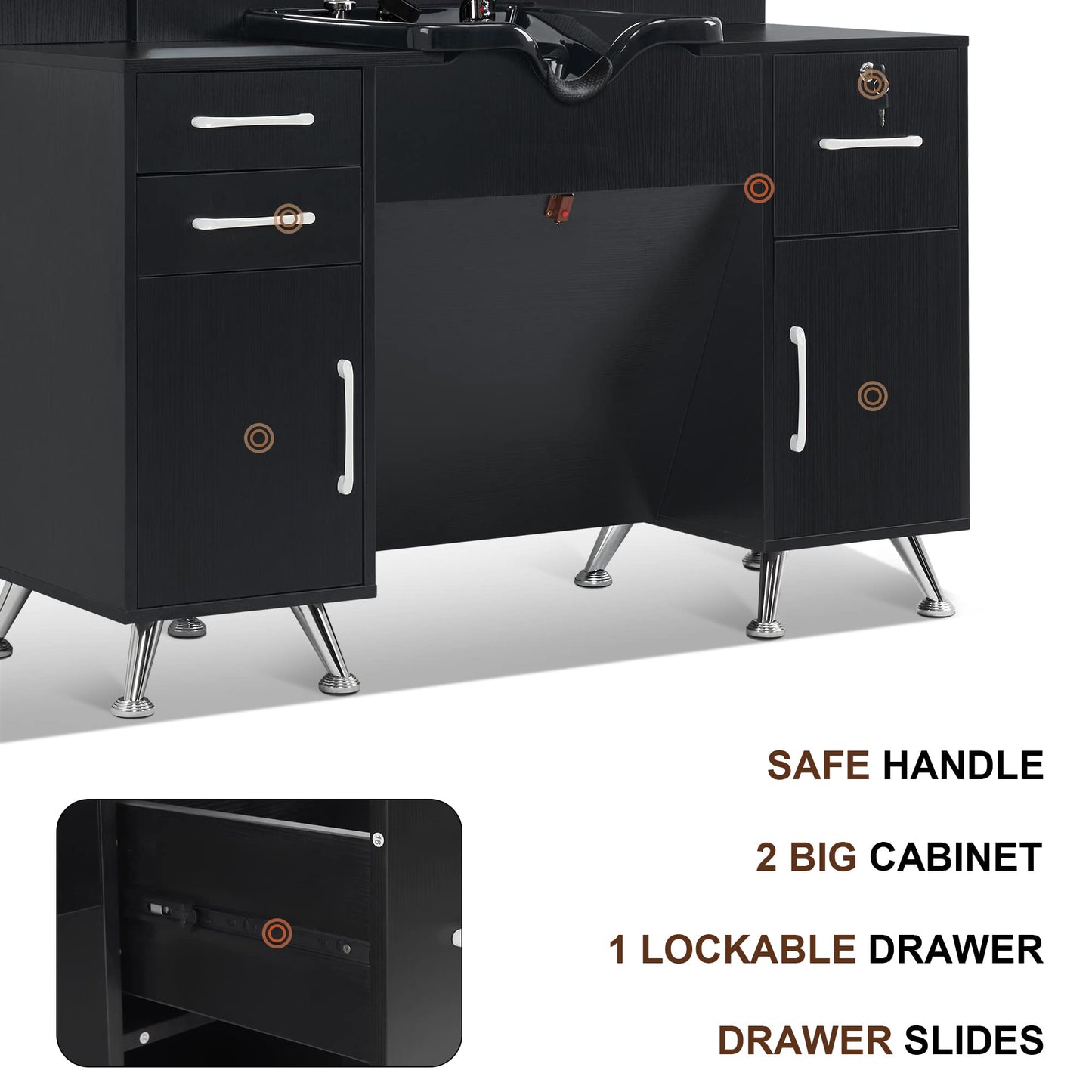 BarberPub Backwash Shampoo Bowl Cabinet, Wall Mount Station with Mirror, Storage Cabinet with Drawers & Shelf Salon Equipment 3141 (Black)