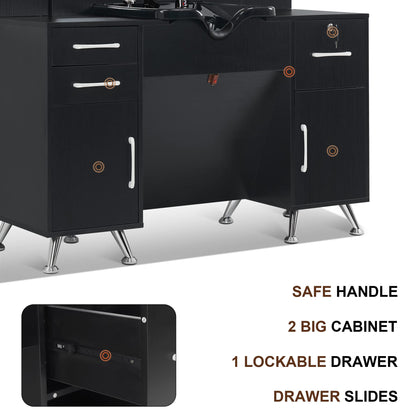 BarberPub Backwash Shampoo Bowl Cabinet, Wall Mount Station with Mirror, Storage Cabinet with Drawers & Shelf Salon Equipment 3141 (Black)