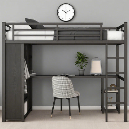 Bellemave Metal Twin XL Size Loft Bed with Desk and Wardrobe,Heavy Duty Loft Bed Frame with Storage Shelves for Kids,Teens,Adults, Space Saving,Black