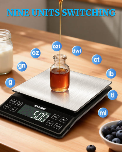 NEXT-SHINE Food Kitchen Scale 11lb, 0.1g/0.01oz Precise Graduation Rechargeable Digital Scale with Nine Units Large Tray Stainless Steel Platform LCD Display for Meal Prep Cooking Baking