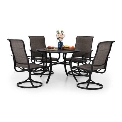PHI VILLA Outdoor Patio Dining Set 5 Piece with 4 Padded Swivel Dining Chairs & 1 Large Round Dining Table, Textilene Mesh Fabric Chair and 42" Metal Table for All Weather