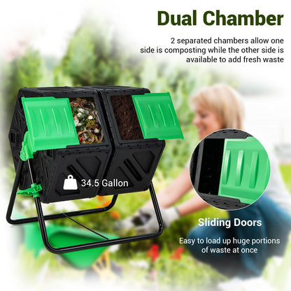 Goplus Compost Bin, Dual Chamber 34.5 Gal Compost Tumbler with 2 Rotating Chambers, Sliding Doors, High-Volume Outdoor Garden Composter, Rotating Composting Bin for Garden Yard, BPA Free