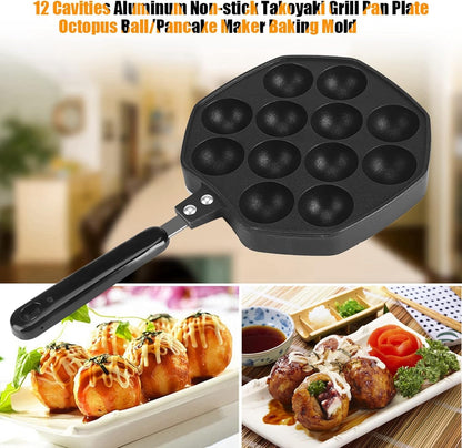 Home 12 Cavity Octopus Grilling Pan, Non Stick Pancake Maker for Takoyaki and Dessert Cakes