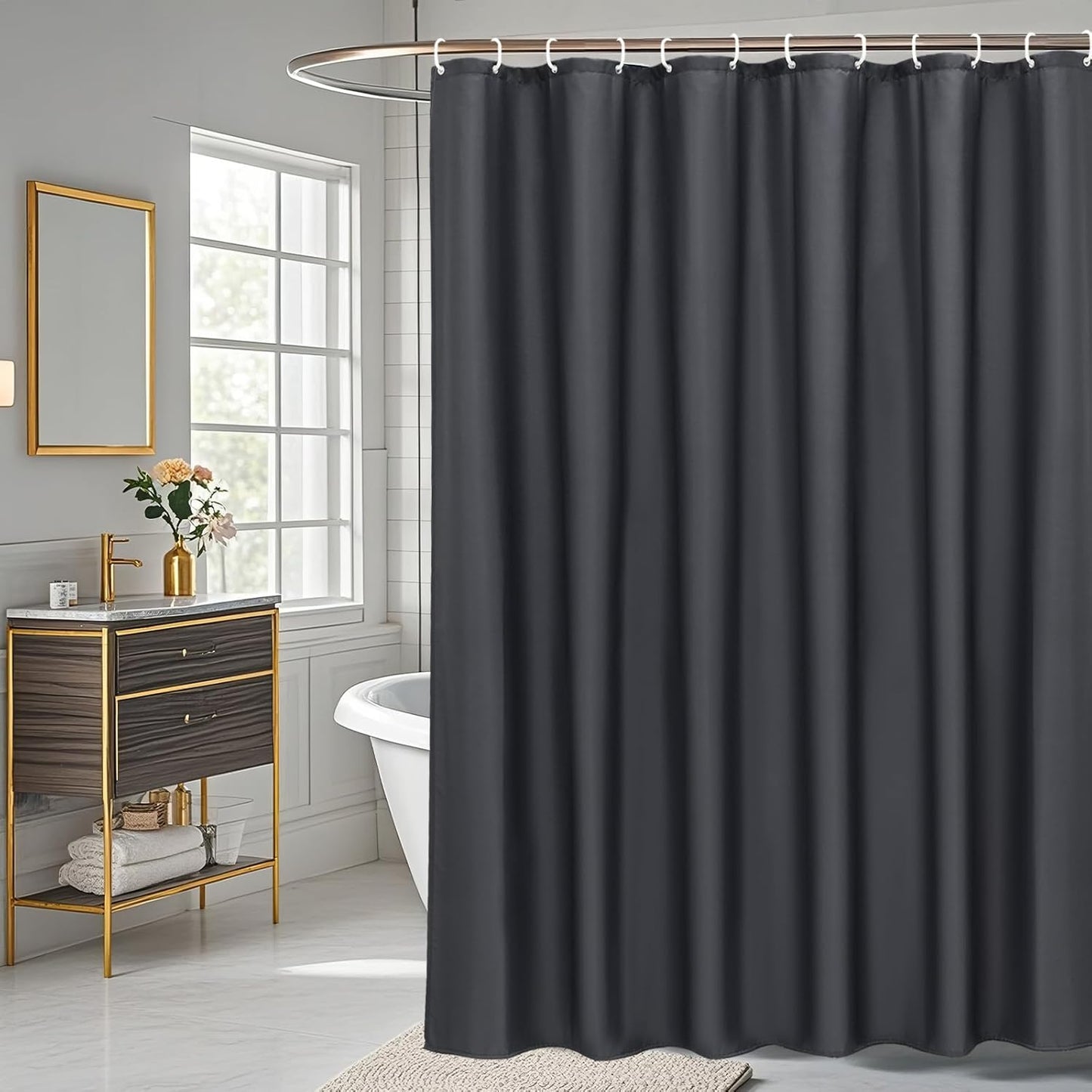 AooHome Fabric Shower Curtain 48 x 72 Inch, Solid Color Bath Curtain with Hooks, Dark Grey