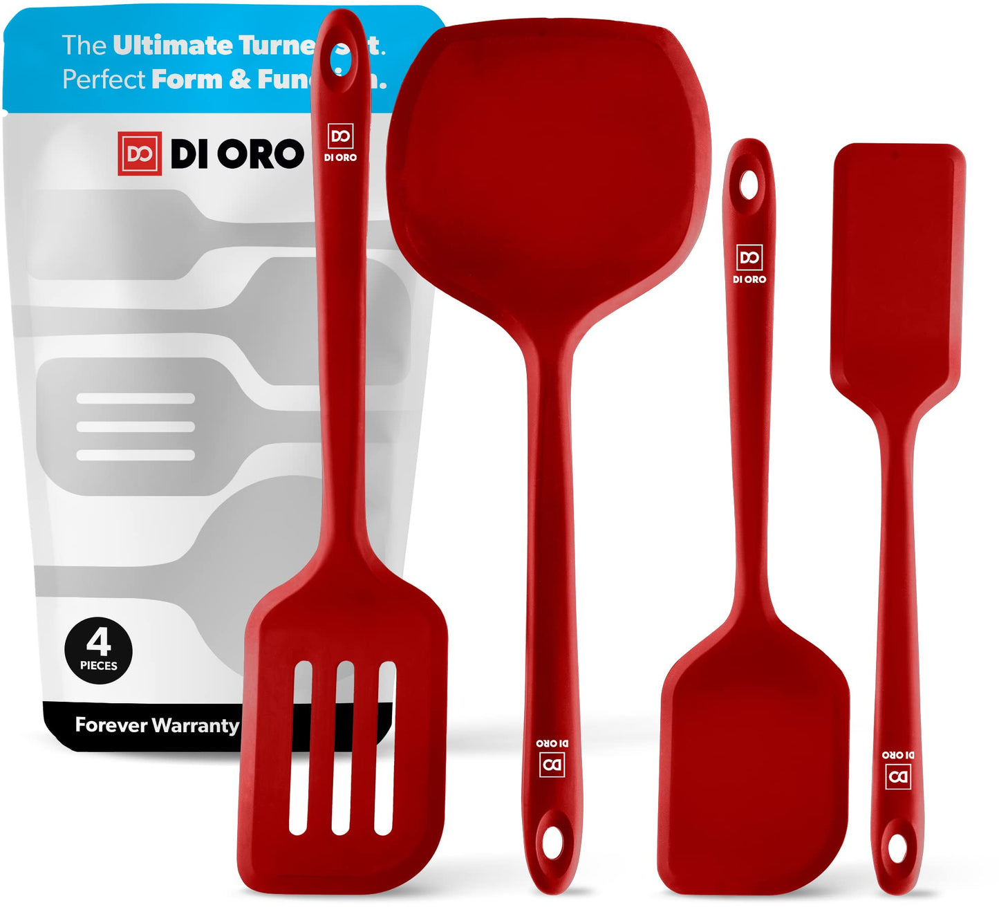 New DI ORO Seamless Series Moda 4-Piece Silicone Turner Spatula Set - 600°F Heat-Resistant Flexible Kitchen Spatulas for Nonstick Cookware - Flippers for Eggs & Pancakes - Utensils for Cooking (Red)
