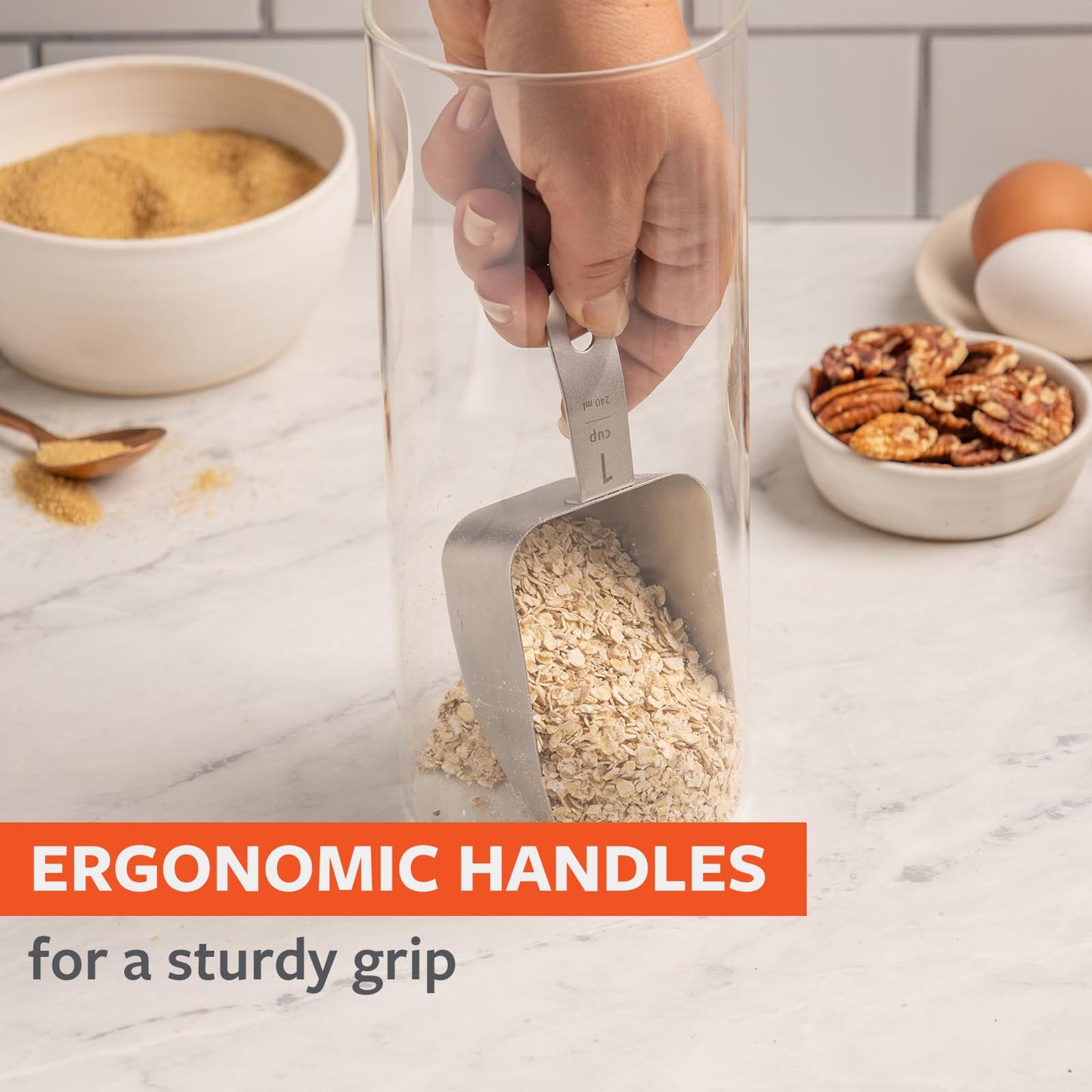 Full Circle Inside Scoop Stainless Steel Measuring Cups, 4-Piece Set (¼ cup, 1/3 cup, ½ cup, and 1 cup), Dishwasher Safe