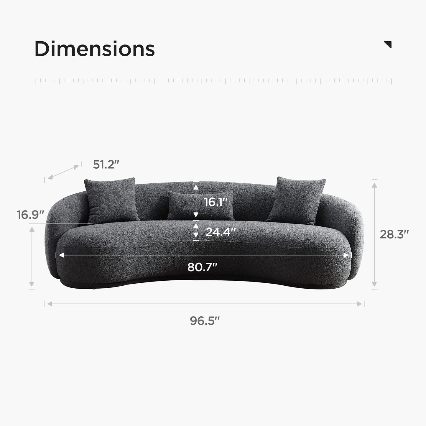 Acanva Mid Century Modern Curved Living Room Sofa, 4-Seat Boucle Fabric Couch for Bedroom, Office, Apartment, Grey