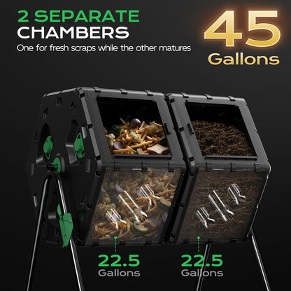 TOP XIAN Compost Tumbler 45 Gallon/170L, Easy-Assemble Dual Chamber Compost Bin Outdoor, 360°Rotating Large Composter for Outside, Backyard, Garden, Gifts for Seasoned Gardeners & Beginners-Green
