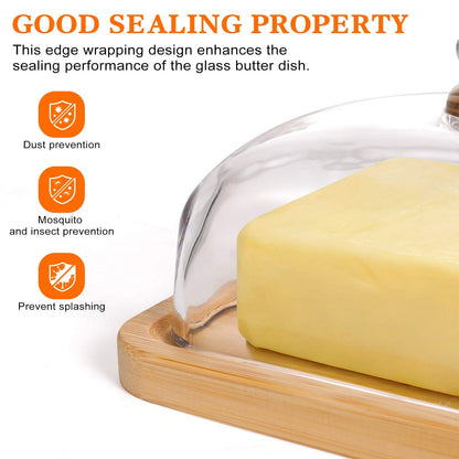 RingsTown‌ wide butter dish with glass lid with Easy-Grip Handle Lid & Natural Bamboo Base - Airtight Seal for Butter Storage Box for Kitchen Countertop and Dining Table to Keep Butter Fresh.