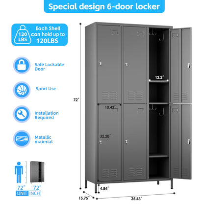 METALYEYE 6 Doors Metal Storage Lockers for Employees,Industrial Steel Storage Locker with 18 Hooks & Air Hole for Gym,School,Garage,Office,Assembly Required,Dark Gray,72''H*35.43''W*15.75''D