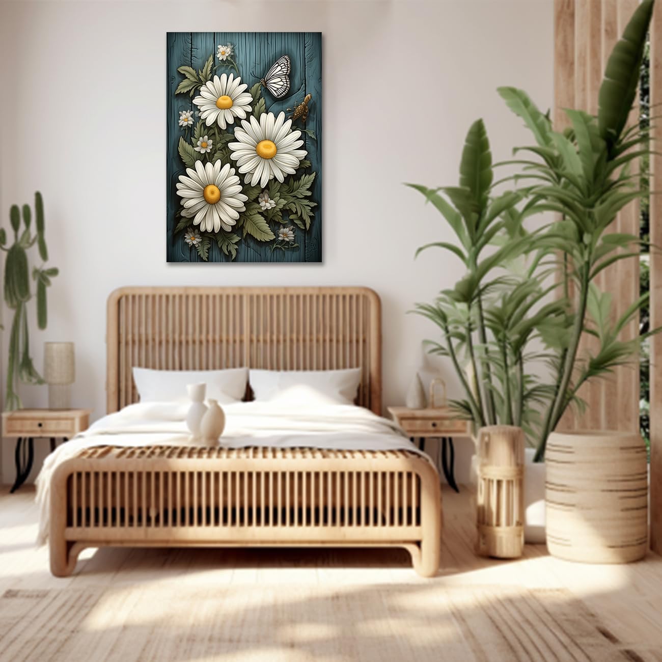 CXHOSTENT Farmhouse Flowers Canvas Wall Art, Daisy Flower Butterfly on Rustic Wood Background Painting
