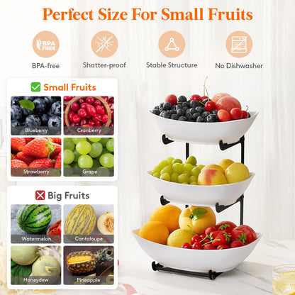 Lifewit Plastic Fruit Bowl for Kitchen Counter, 3 Tier Fruit Basket with Black Metal Stand, Tiered Fruit Holder for Countertop Serving Tray for Vegetable/Dessert in Party 28 x 21 x 35cm/11 x 8.4 x 14