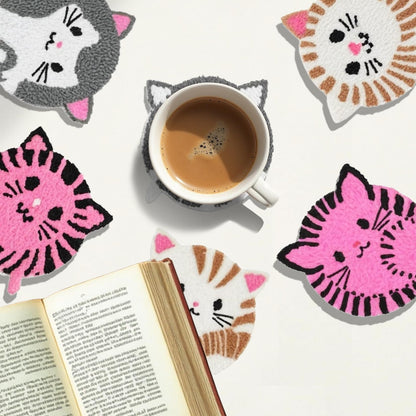 57lilina Punch Needle Coaster Kit for Adults Beginners Kids, 6 Set Complete Animal Cat Punch Needle Stitching Embroidery Art Kit, Step-by-Step Guide Make Punch Needling Drink Coasters for Starter