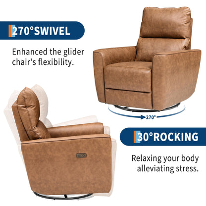 GarveeHome Power Recliner Chair, 270° Swivel Rocking Glider with USB Charging Port, PU Leather Upholstered Fabric, Ergonomic Modern Nursery Chair for Living Room, Bedroom, Nursery (Brown)