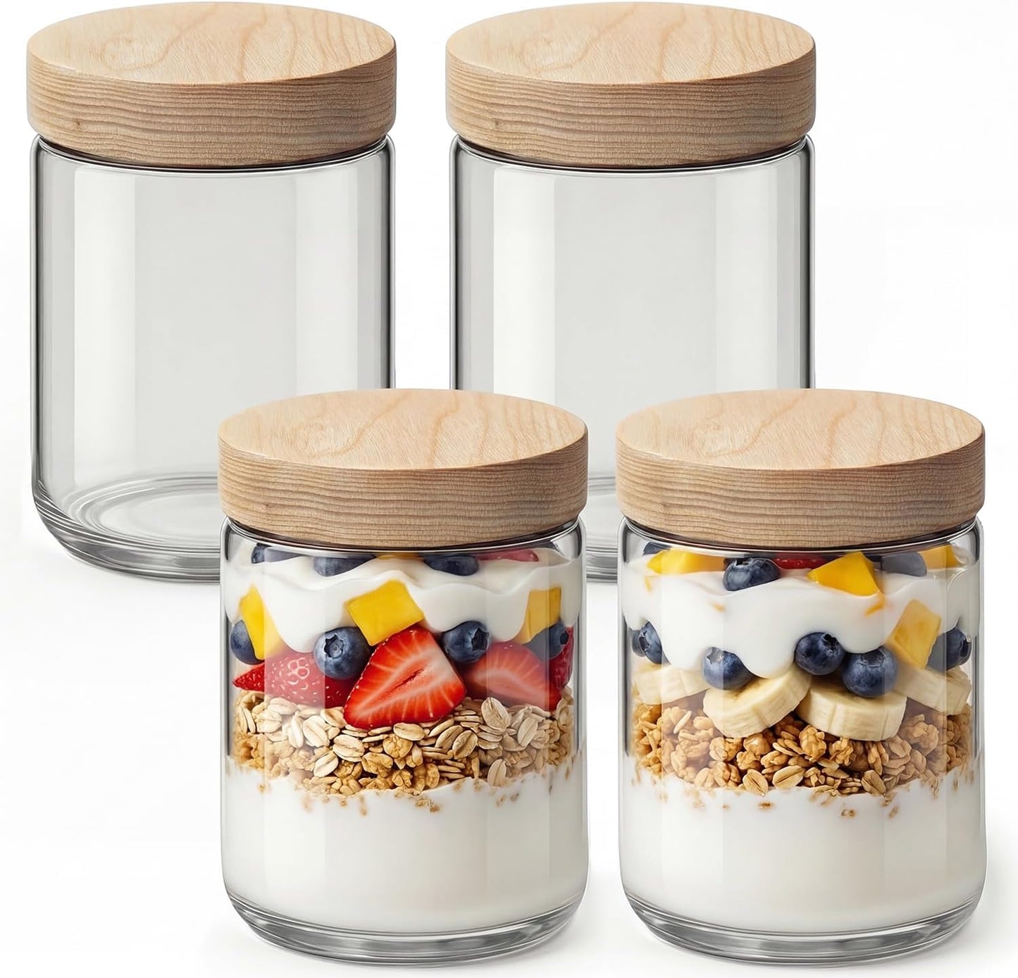 16oz 4 Pack Overnight Oats Containers with Lids, Glass Mason Jars with Ashwood Wood Airtight Lids, Wide Mouth Meal Prep