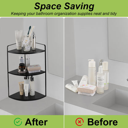 OKLILIYA 3 Tier Corner Bathroom Counter Organizer, Countertop Organizer, Makeup Organizer Countertop, Bathroom Storage Sink Shelf, Wooden and Metal Counter Shelf (Large Capacity-Black)