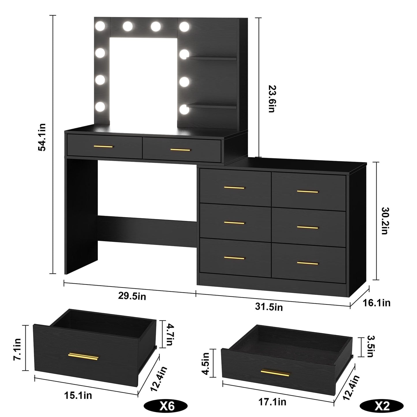 Vanity Desk Table with Lighted Mirror 45.6“ Girls Makeup Vanity with Power Outlet, 3 Colors Lighting Adjustable,8 Stroge Drawers, Brightness Vanity Table for Women Bedroom Dressing Room