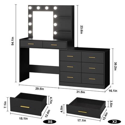 Vanity Desk Table with Lighted Mirror 45.6“ Girls Makeup Vanity with Power Outlet, 3 Colors Lighting Adjustable,8 Stroge Drawers, Brightness Vanity Table for Women Bedroom Dressing Room