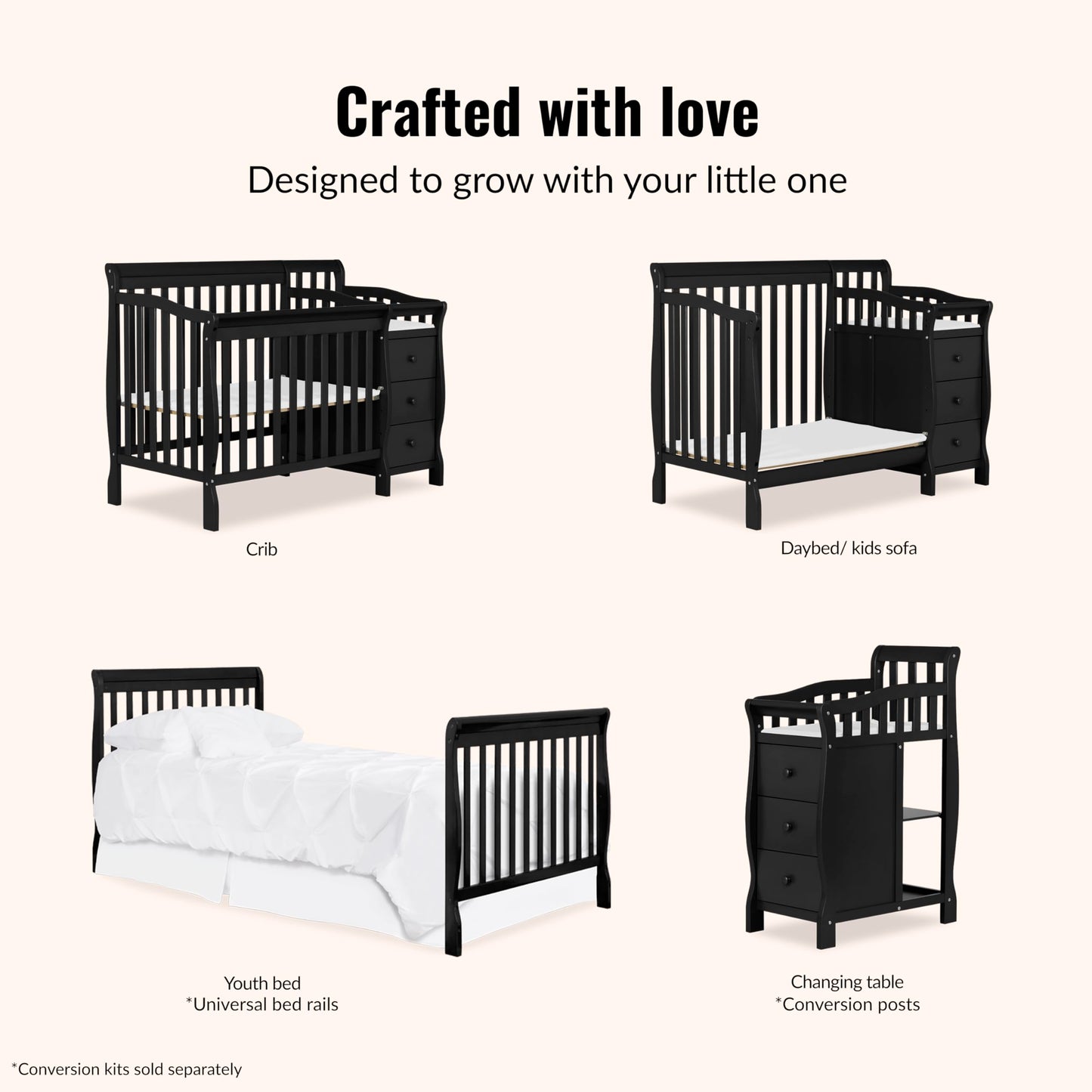 Dream On Me Jayden 4‑in‑1 Mini Convertible Baby Crib & Changer with Storage in Black, Pinewood, GreenGuard Gold & BSA, 1” Mattress Pad, 3 Mattress Heights, Converts to Mini Day & Twin-Size Bed