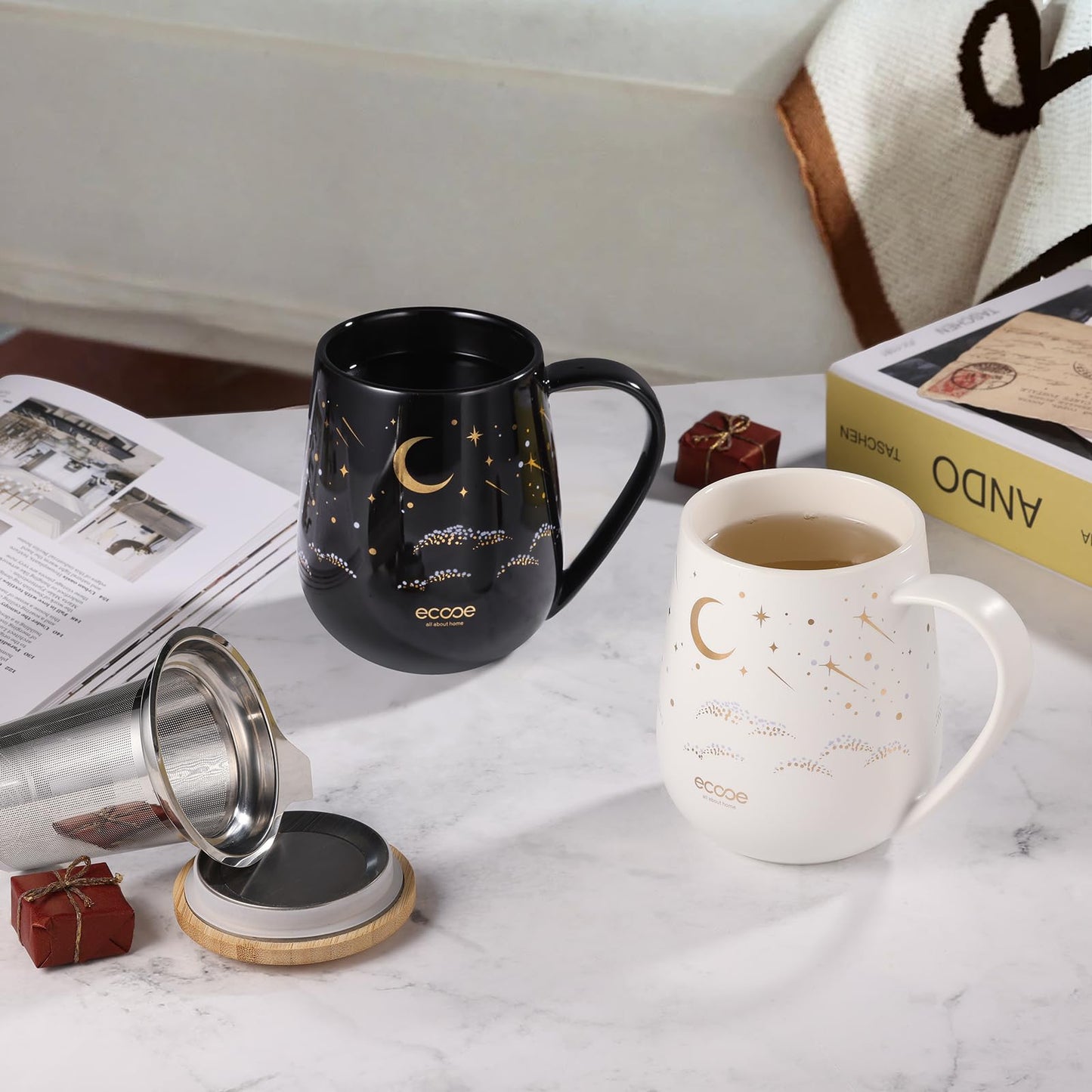 ecooe Tea Infuser Mug 20.3oz Ceramic Tea Cup with Removable Stainless Steel Infuser and Lid, 600ml Tea Mug for Loose Leaf Tea Coffee Milk, Gifts for Women Parents Friends Office Home (Black)