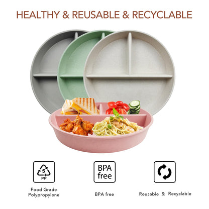 greenandlife 9 Inch 4PCS Divided Plates with Lids, Portion Control Plates for Kids Adults, Dishwasher Microwave Safe Compartment Plate, Unbreakable Lightweight Reusable Wheat Straw Plate Set, INS