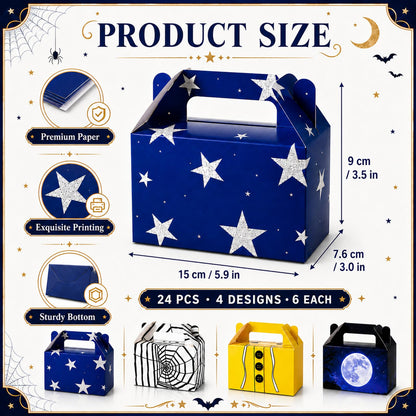 24 Pcs Spooky Themed Party Favor Boxes Cartoon Movie Theme Treat Paper Boxes Spider Star Moon Button Paper Box Halloween Supplies Spider Birthday Themed Favor Box for Celebration Party Supplies