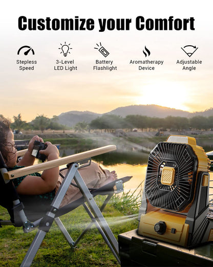 KopBeau Battery Operated Fan, 20800mAh Detachable, Camping Fan with LED Light & Hook for Tent, Outdoor USB Portable Fan Rechargeable for Travel, Hurricane, Hiking, Jobsite, Yellow