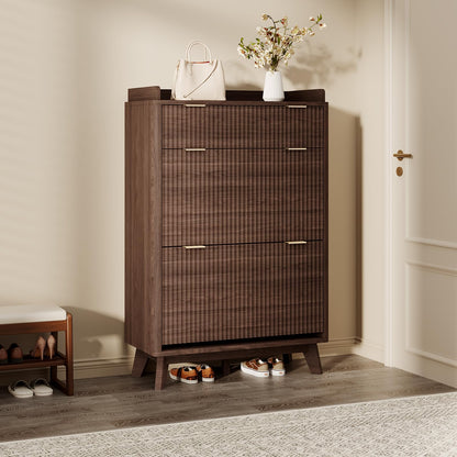 GarveeHome Modern Fluted Shoe Cabinet for Entryway, 48" Tall Narrow Wooden Shoe Rack Organizer with Storage Drawer, 2 Flip Drawers & Adjustable Shelves for Apartment Living Room