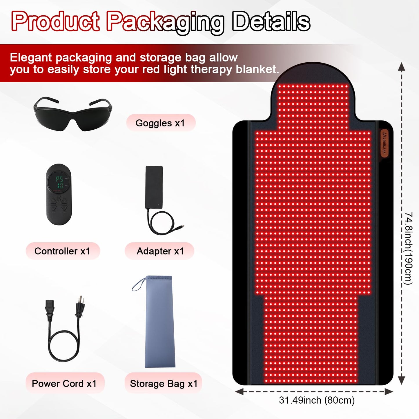 Red Light Therapy Mat, Extra Large 74 x 32 in Full Body Infrared Light Therapy Pad, 660nm 850nm 940nm, 1095 LEDs, 2 Pulse Modes, 5 Intensity Levels, Timer 10-90 Min, Includes Goggles & Storage Bag