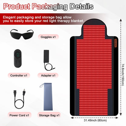 Red Light Therapy Mat, Extra Large 74 x 32 in Full Body Infrared Light Therapy Pad, 660nm 850nm 940nm, 1095 LEDs, 2 Pulse Modes, 5 Intensity Levels, Timer 10-90 Min, Includes Goggles & Storage Bag