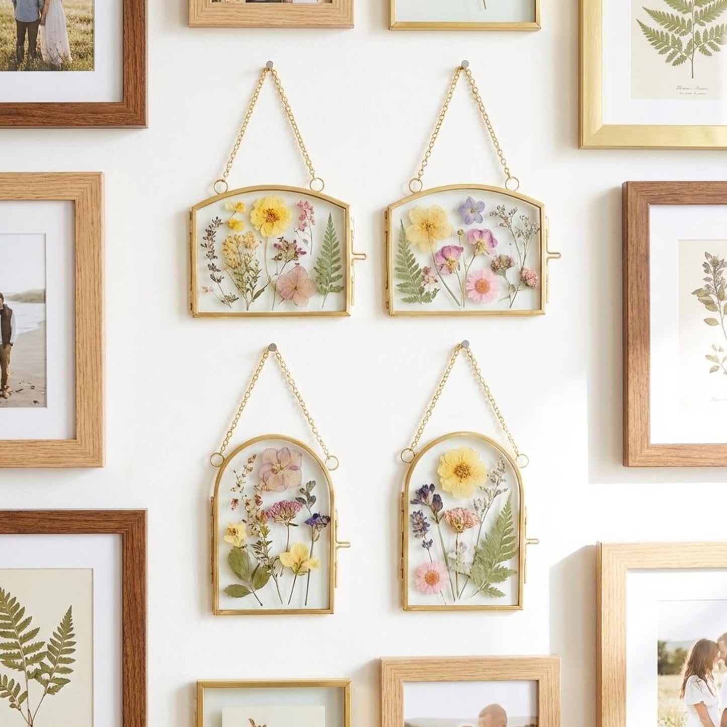 FOCHIER 4 Pcs Double Glass Frame for Pressed Flowers Floating Hanging Photo Frame 3x2 in Brass Clear Pressed Flower Decor with Chain for Display Gallery Artwork, Horizontal Vertical, Gold