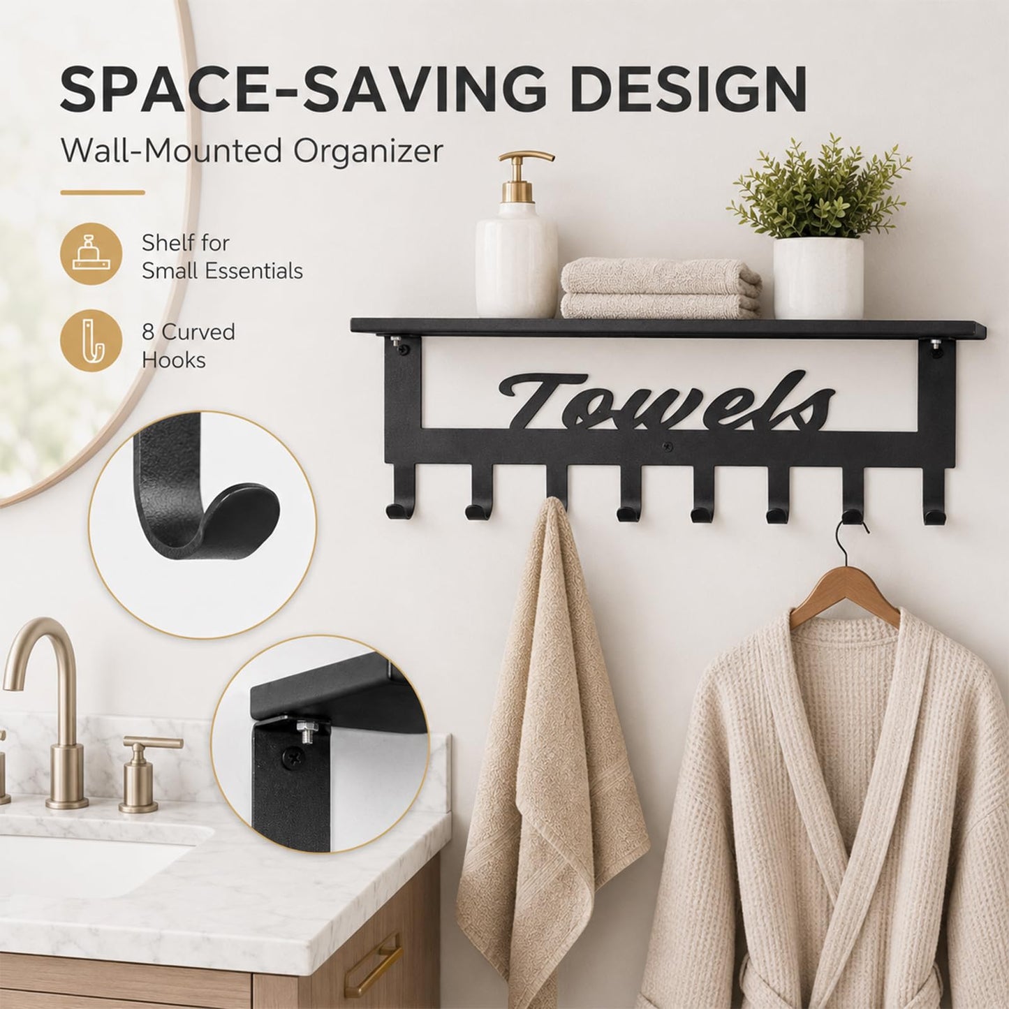Towel Rack with Shelf for Bathroom - Metal Towels Rack Hanger, Space Saving Towel Holder Rack, Wall Mounted, 8 Hooks, Towel Organizer for Coat Robe Bathrobe in Home Pool Bedroom Beach Living Room