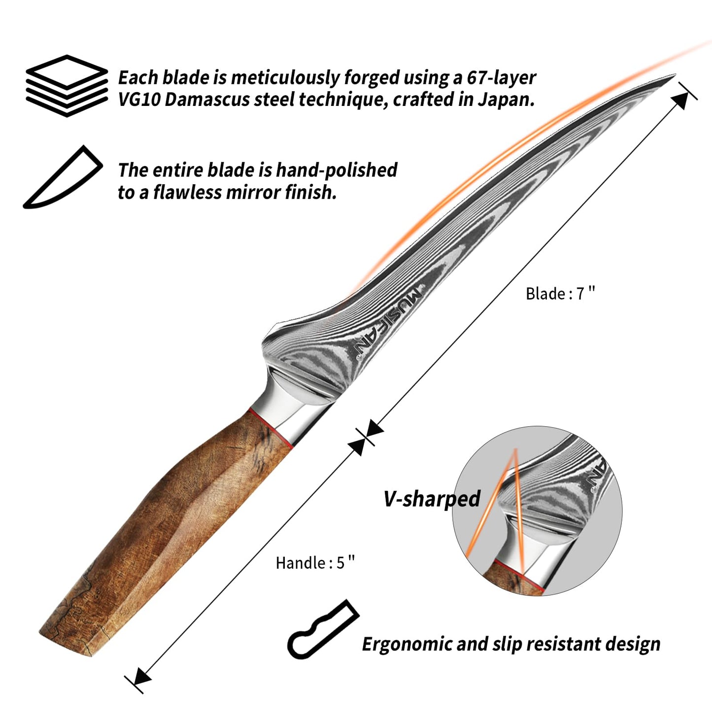 Musifan Fillet Knife 7 Inch, Precision Boning Knife for Efficient Meat Cutting and Boning， Boning Knife in high Carbon Steel