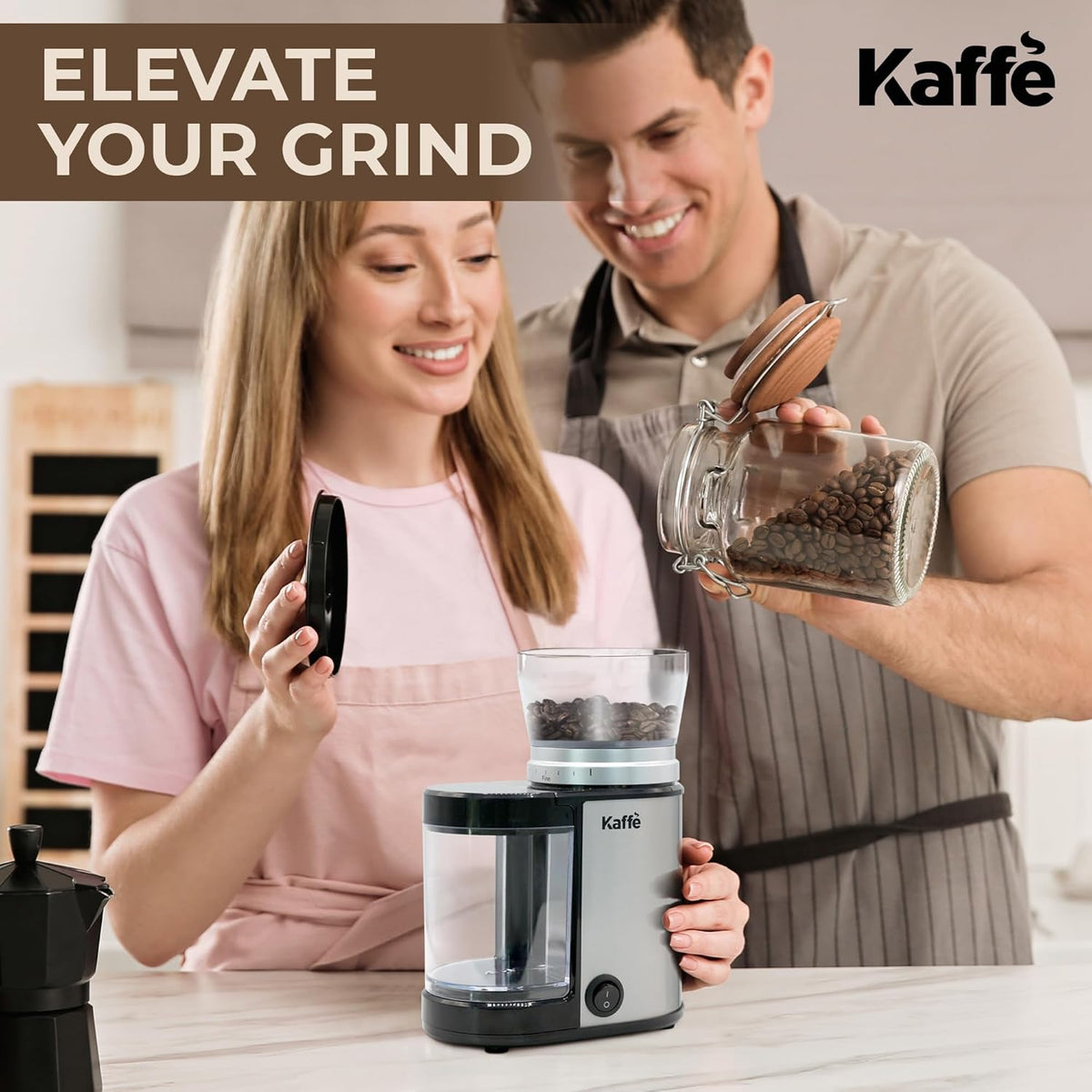 Kaffe Electric Burr Coffee Grinder (5.5oz) with Adjustable Coarseness Settings, Precision Coffee Bean Grinder (Silver)