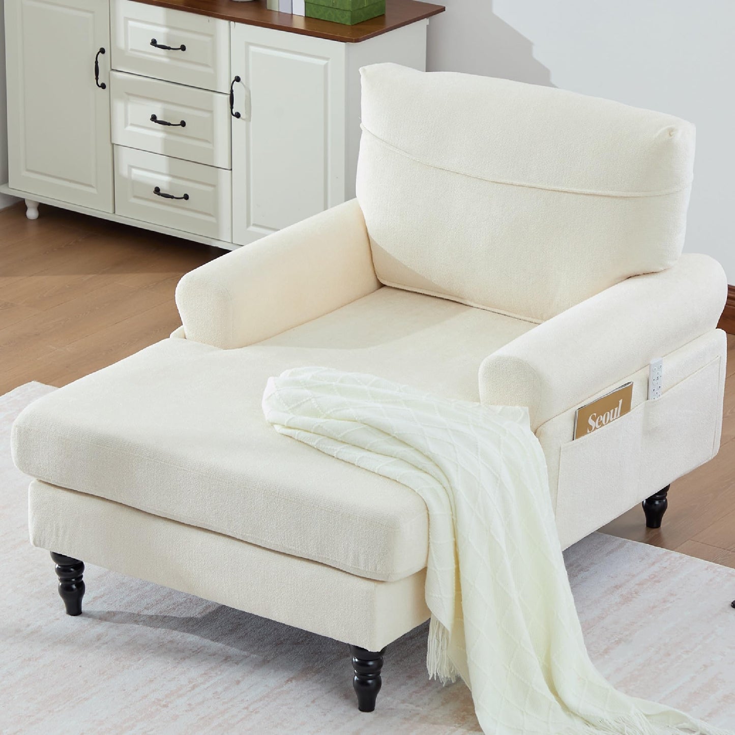 KEIKI Chaise Lounge Chair Indoor, Oversized Accent Chenille Armchair with Storage, Leisure Sleeper Single Sofa Side Chair, Corner Recliner Arm Chairs for Living Room Reading, Easy Assembly, Beige