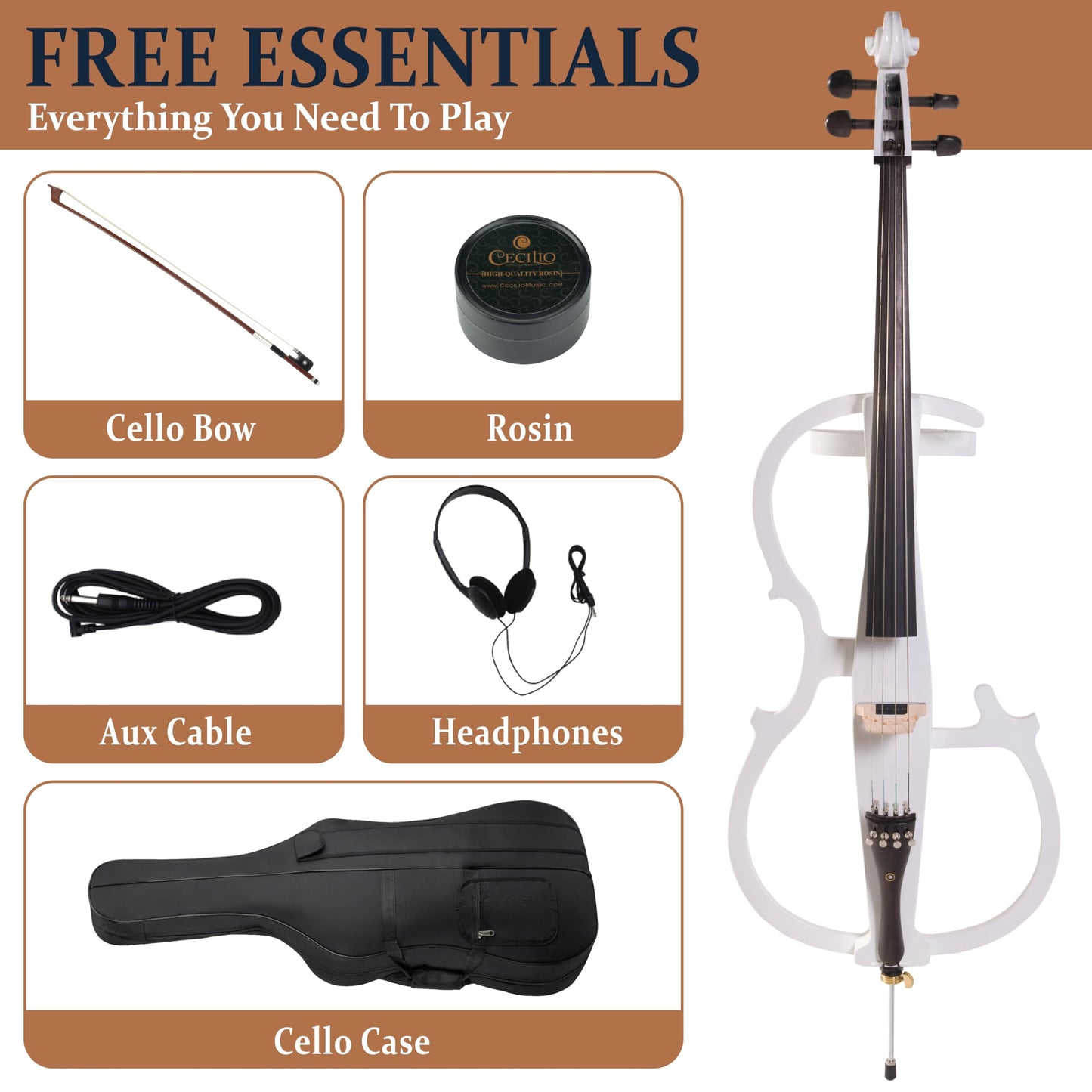 Cecilio 4/4 Electric Cello with Ebony Fittings, Professional Silent Electric Cello Kit with Bow, Rosin, Aux Cable and Headphone, Musical Instrument for Beginners, Pearl White