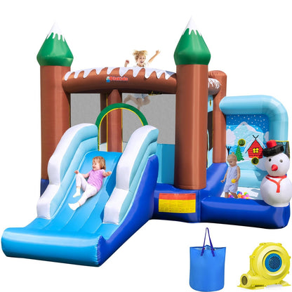 OLAKIDS Inflatable Bounce House, Christmas Snowman Theme Kids Jumping Castle with Slide Ball Pit Basketball Rim, Indoor Outdoor Inflatable Obstacle Course with 680W Blower Carry Bag