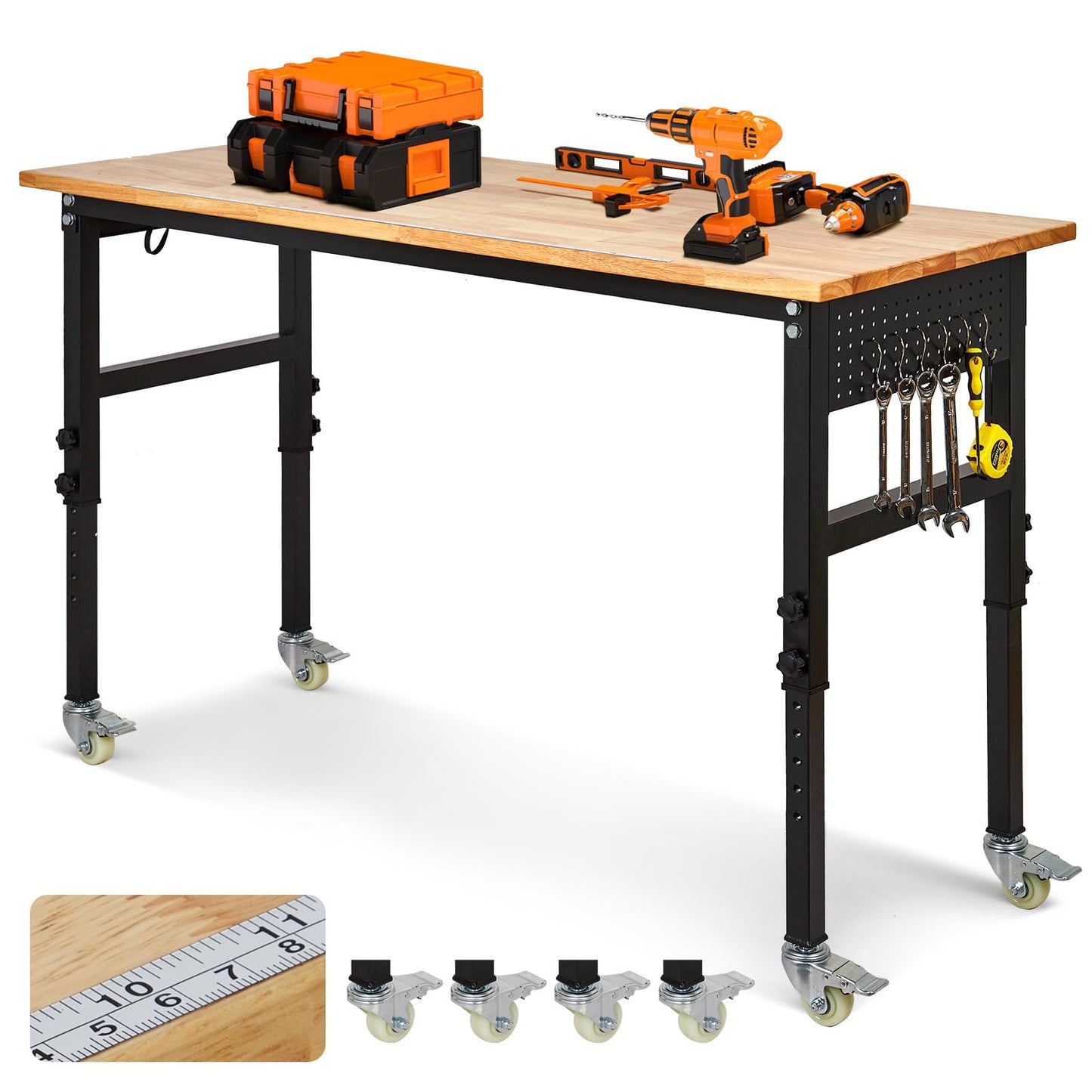 70" Adjustable Workbench with Power Outlet, 2000LBS Capacity Solid Rubber Wood Top & Thickened Steel Legs, 8-Levels Adjustable Heigh Work Table, Easy Assembly for Garage, Workshop, Home