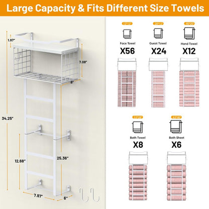 Towel Racks for Bathroom Wall Mounted, 4 tire Bath Towel Storage - with 2 Pack Towel Shelf and Floating Shelves Over Toilet, Rolled Towel Holder Shelf Organizer, Sturdy Metal & Wood, 34inch, White