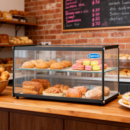 Capeivan 33 in. 2 Tiered Pastry Display Case with Glass Shelf and Sliding Door, 3.2 cu. ft. Capacity