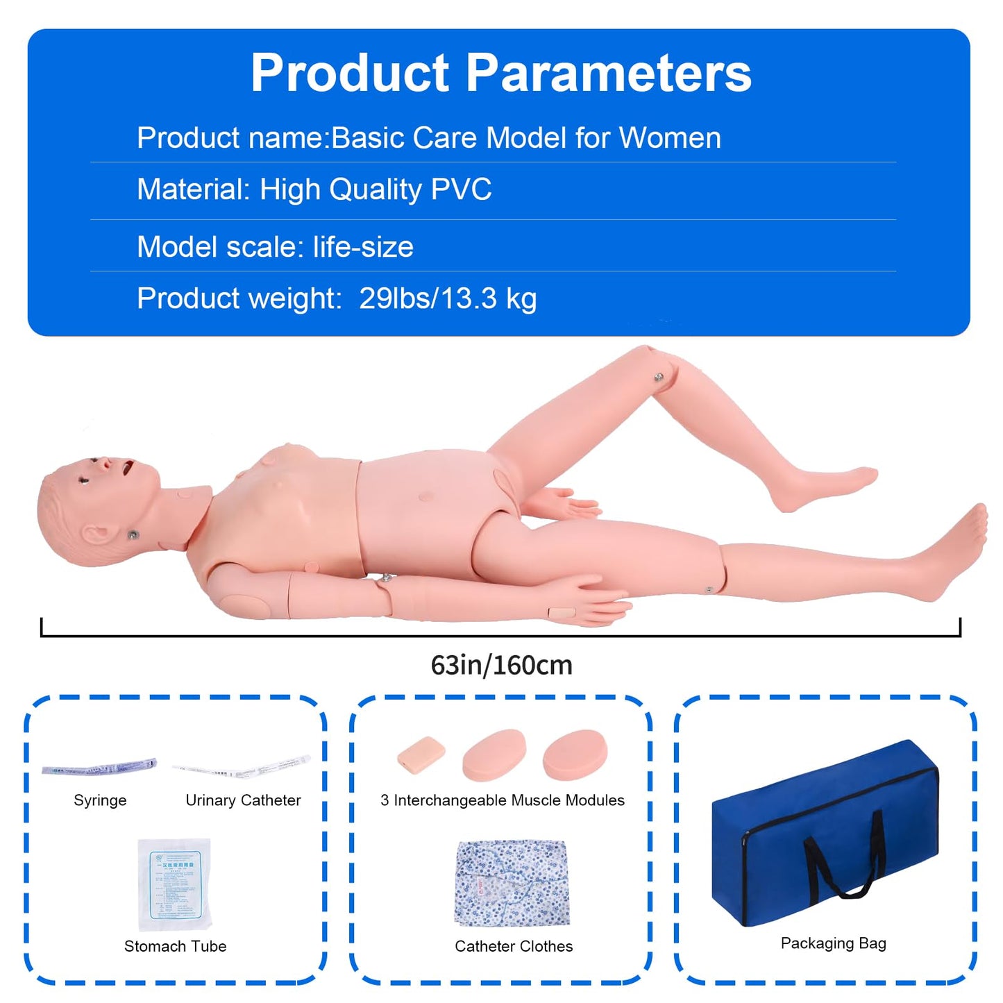 Medical Mannequin for Training, Female CPR Human Manikins Highly Simulated Patient Care Medical Manikin with 3 Muscle Module & Patient Gown & Urinary for Teaching Pratice (Famale)