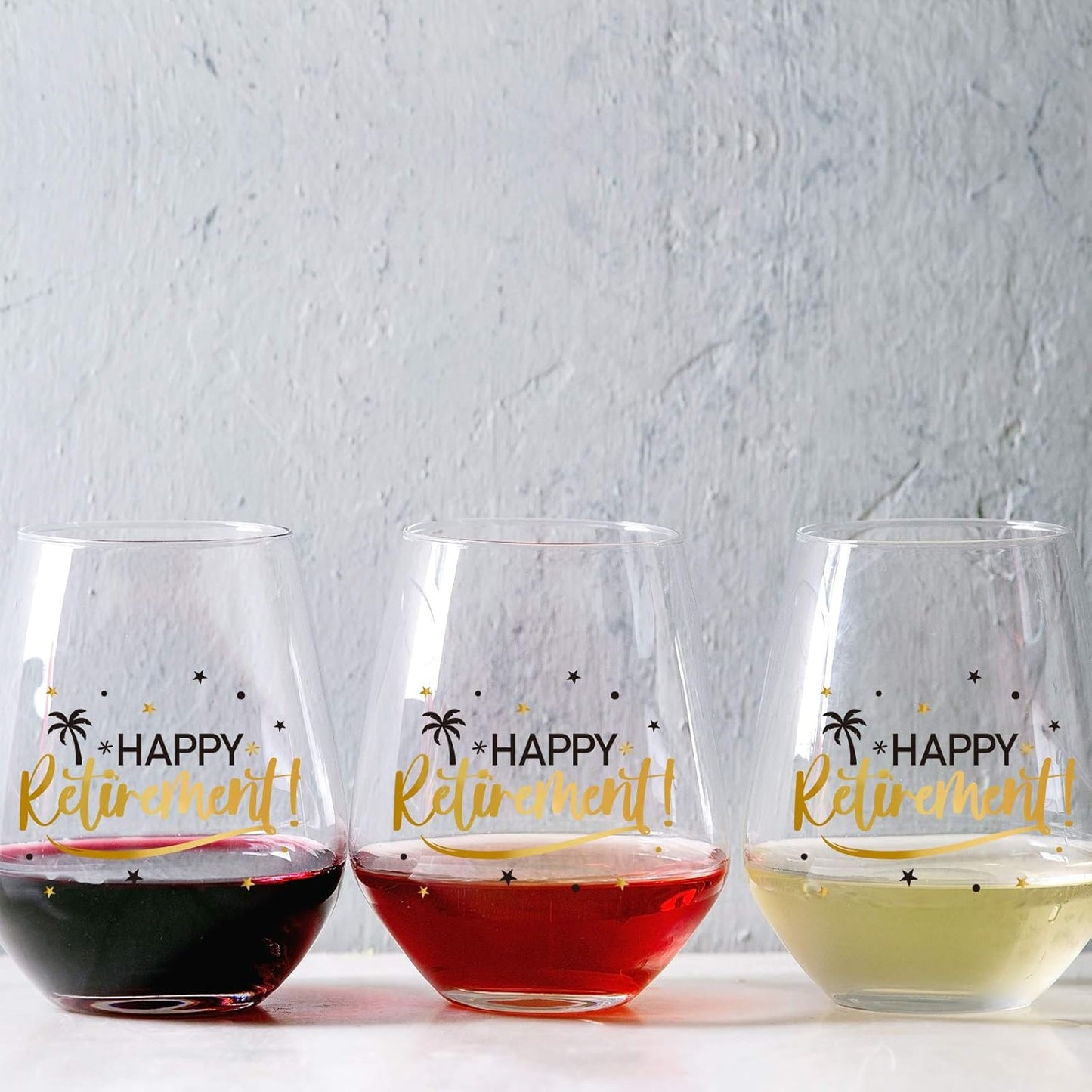 Patelai Happy Retirement Wine Glasses 17 oz, Stemless Wine Glasses for Women Men, Black and Gold Retirement Gift