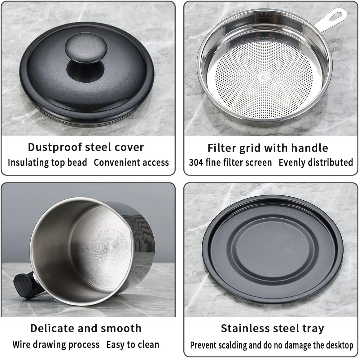 Berglander Black Bacon Grease Container with Strainer, 47oz/1.4L Stainless Steel Oil Storage with Fine Mesh Strainer