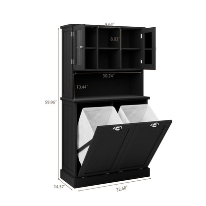 Sang Seiyoga Tilt Out Laundry Hamper Cabinet, Double Compartment Sorter Tall Organizer with 2 Adjustable Shelves & Top Shelf, Space Efficient for Bathroom/Dorm, Easy Clean Interior Black
