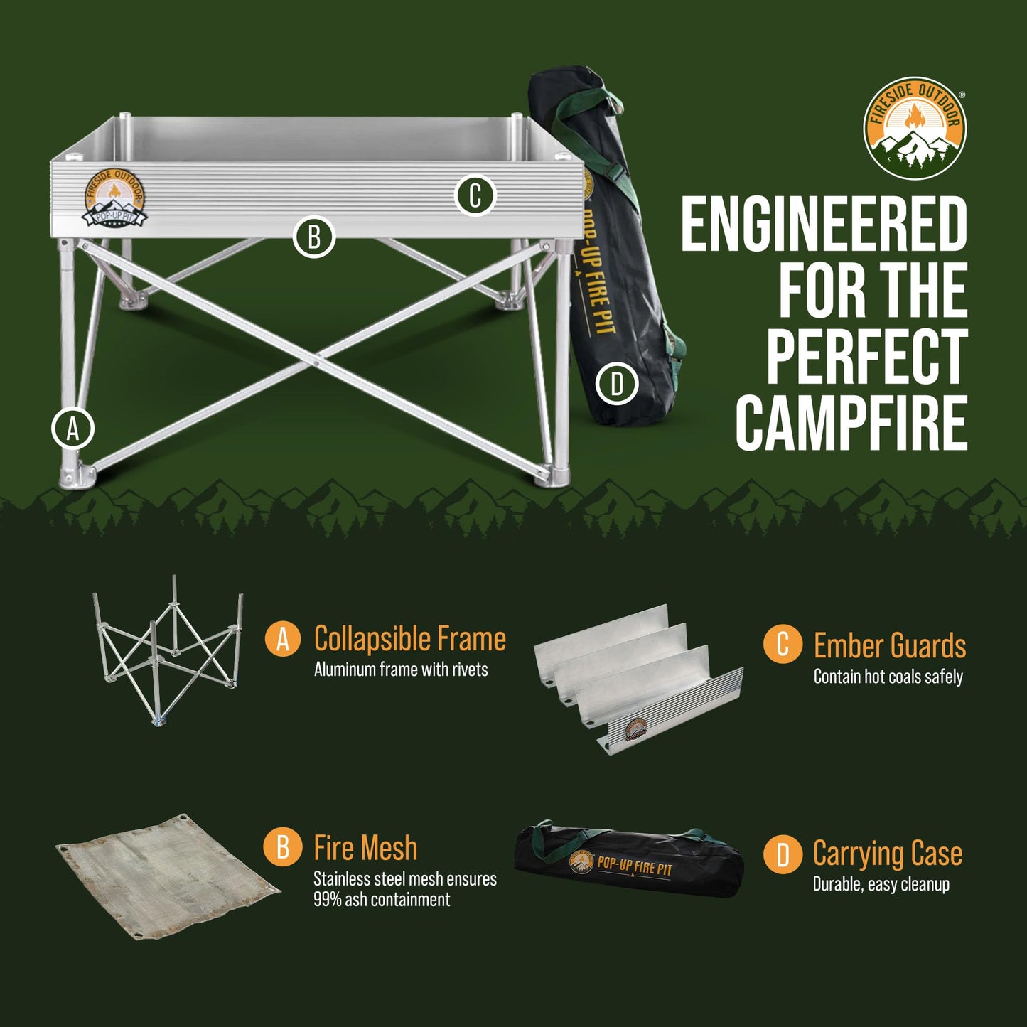 Fireside Outdoor Portable Fire Pit for Camping Fire Pit 24 Inch - Collapsible Pop Up Firepits for Outside, Portable Campfire Pits, Small Firepit for Outside, Weighs 7 lbs, Heat Shield NOT Included
