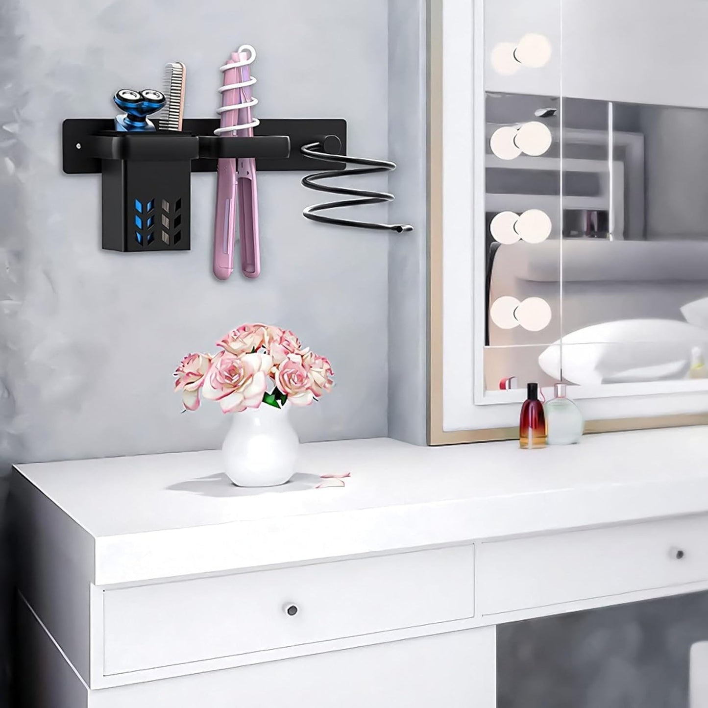 Hair Dryer Holder Wall Mounted, Storage Basket for Flat Iron, Curling Wand, Hair Straightener in Bathroom