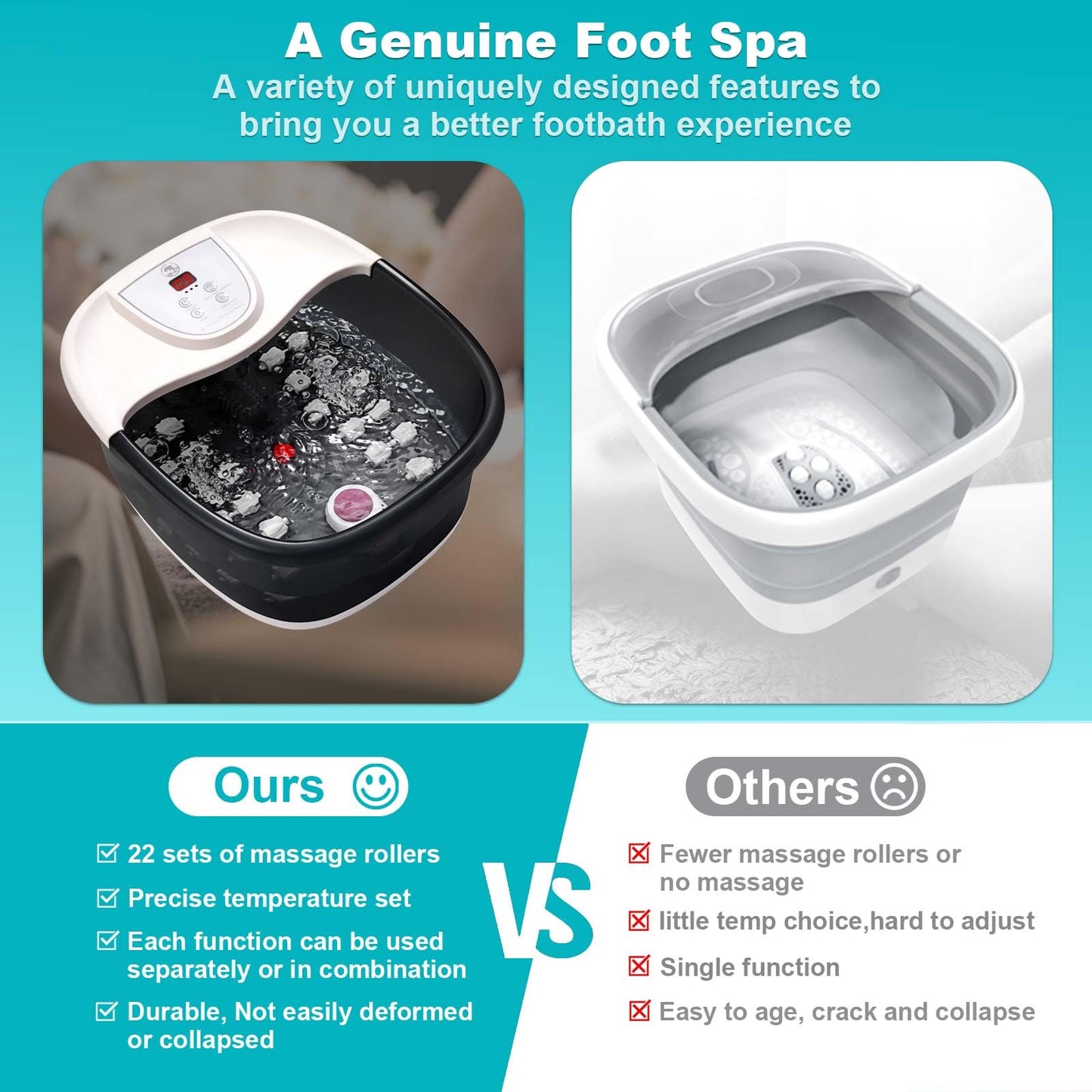 Foot Spa Bath Massager with Heat [2025 Upgraded], Vibration, Temperature Control, Jets, Bubbles and Epsom Salt, Foot Bath Soak Tub with 22 Massage Rollers, Feet Soaking Tub for Relaxation, Purple